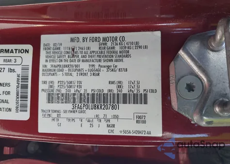 2019 Ford Fusion Hybrid Se z USA, uszkodzony, nr VIN 3FA6P0LU8KR207801